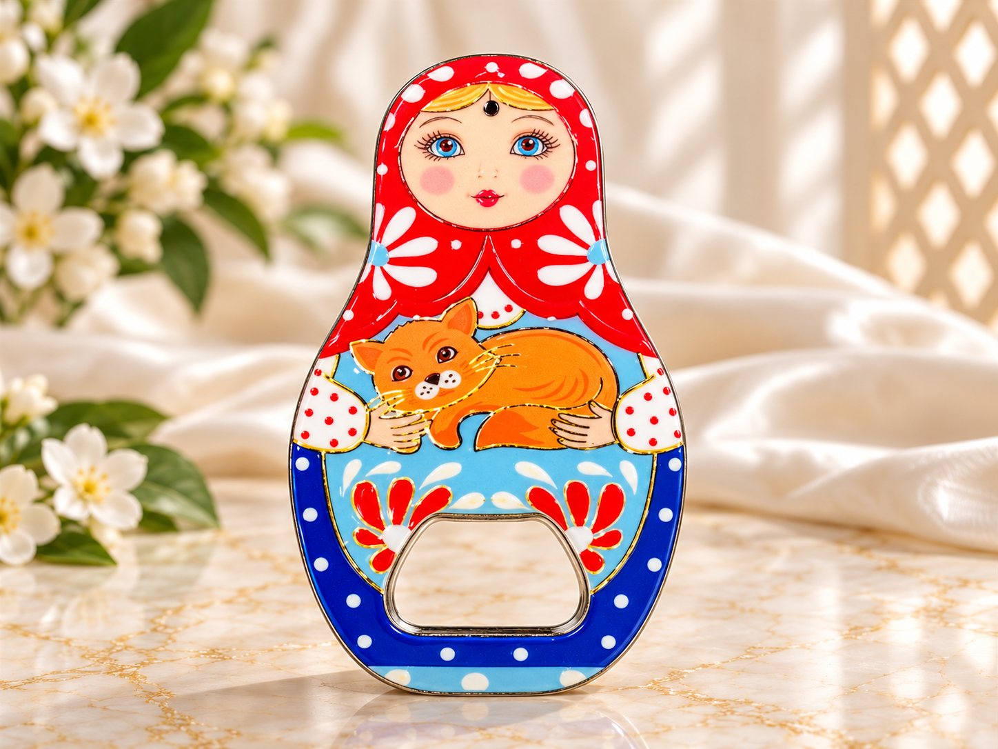 Сувенирная открывашка «Матрёшка» — красно-голубая с котом