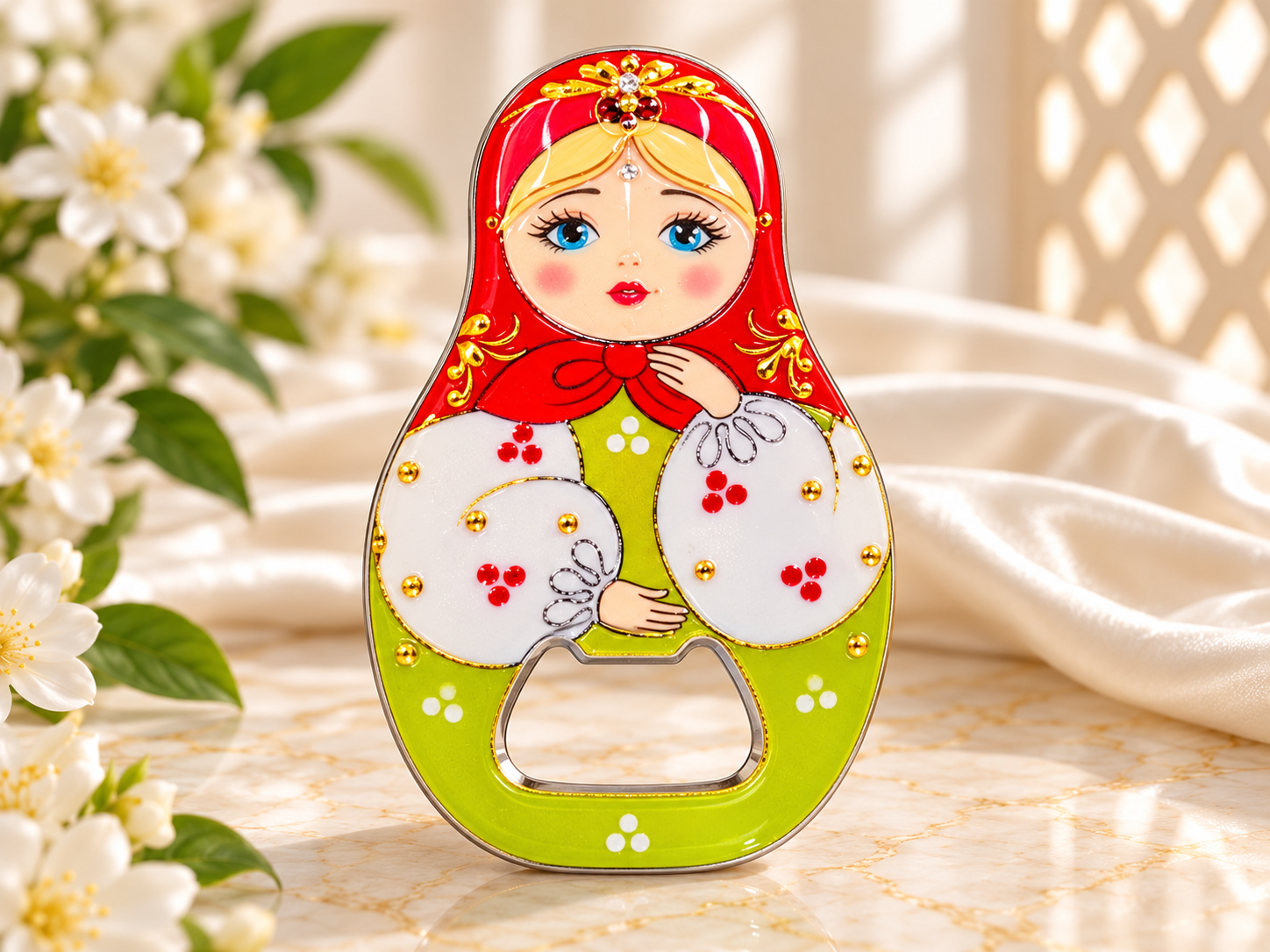 Сувенирная открывашка «Матрёшка» — зелёная в красном платке